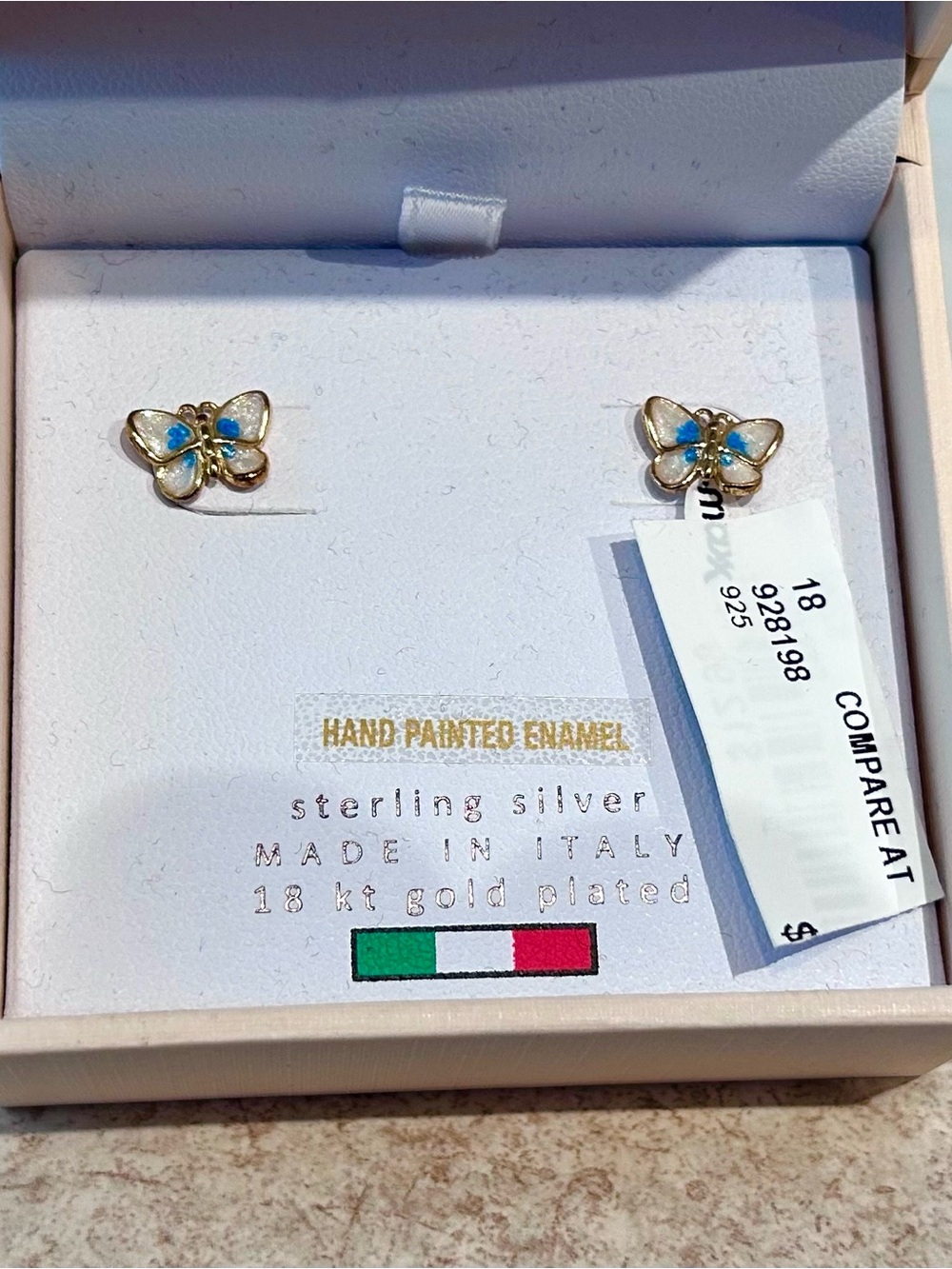 Sterling Silver 18kt Gold Plated Blue Enamel Butterfly Stud Earrings